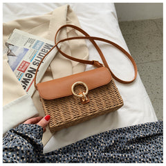 Straw Woven Box Bag with Leather Flap