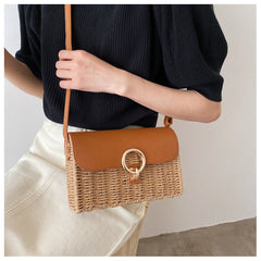 Straw Woven Box Bag with Leather Flap