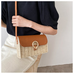 Straw Woven Box Bag with Leather Flap