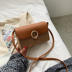 Straw Woven Box Bag with Leather Flap