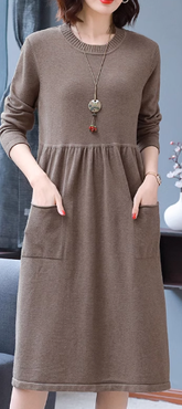 Pockets Slit Casual Solid Shift Knitted Dress