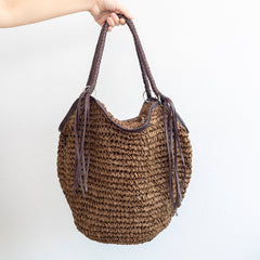 Large Straw Woven Bucket Tote Bag