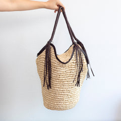 Large Straw Woven Bucket Tote Bag