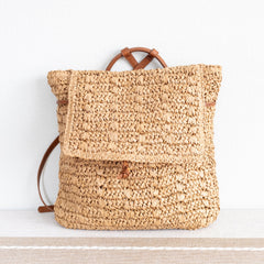 Straw Backpack with Vegan Leather Strap