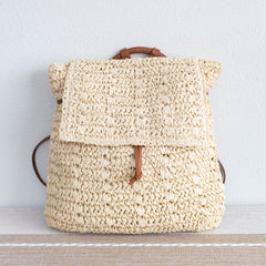 Straw Backpack with Vegan Leather Strap