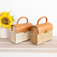 Straw Woven Box Bag with Leather Flap and Trims