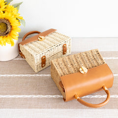 Straw Woven Box Bag with Leather Flap and Trims