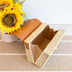 Straw Woven Box Bag with Leather Flap and Trims