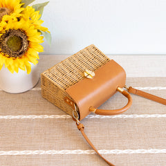 Straw Woven Box Bag with Leather Flap and Trims