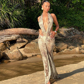 Mesh halter neck open back slim fit slit print dress