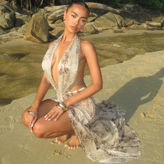 Mesh halter neck open back slim fit slit print dress