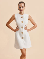 Sleeveless Round Neck Button-Up Solid Color Dress