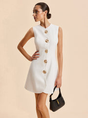 Sleeveless Round Neck Button-Up Solid Color Dress