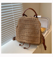 Straw Backpack with Leather Strap