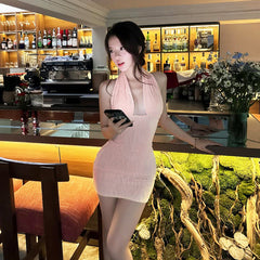 Deep V design halter neck suspender waist hip dress