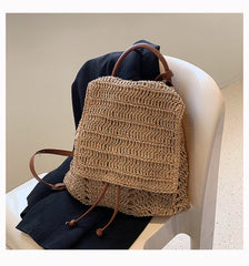 Straw Backpack with Leather Strap