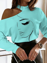 Printed off shoulder long sleeve ladies T-shirts