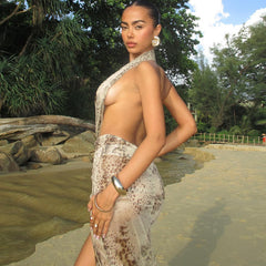 Mesh halter neck open back slim fit slit print dress