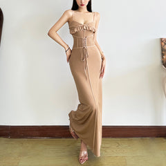 Ruffle hem waist tie slimming versatile dress