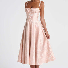 Elegant Backless Waist Jacquard Long Dress