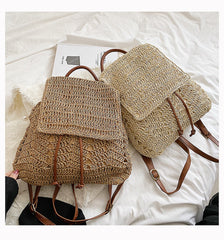 Straw Backpack with Leather Strap