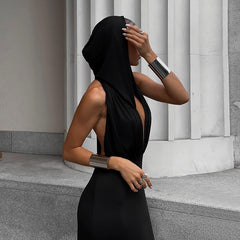 Large V-neck halter back solid color hooded dress