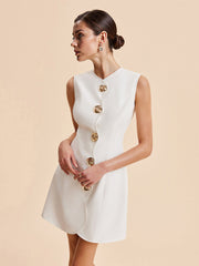 Sleeveless Round Neck Button-Up Solid Color Dress