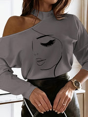 Printed off shoulder long sleeve ladies T-shirts