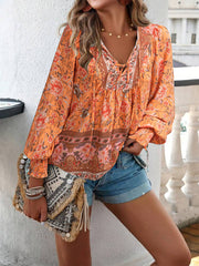 Paisley Half Sleeve Printed Polyester V neck Boho Summer Orange Top
