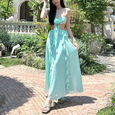 Backless ruffled holiday halterneck maxi dress