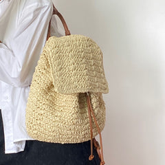 Straw Backpack with Vegan Leather Strap