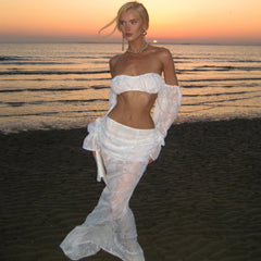 Long-sleeved navel-baring long skirt suit