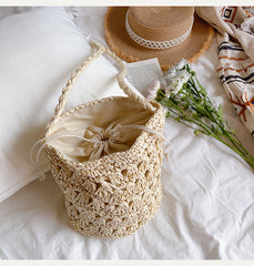 Patterned Straw Shoulder Bucket Bag