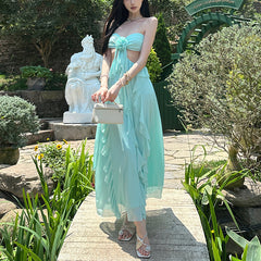 Backless ruffled holiday halterneck maxi dress