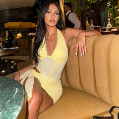 Halter neck mini dress with contrasting colors