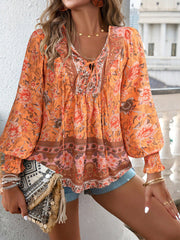 Paisley Half Sleeve Printed Polyester V neck Boho Summer Orange Top