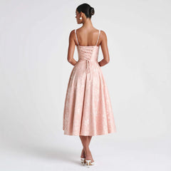 Elegant Backless Waist Jacquard Long Dress