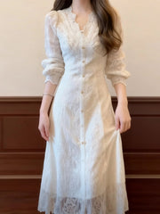 Lace V-Neck Long-Sleeved Dress