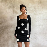 Three-Dimensional Flower Long-Sleeved Dress