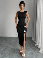 Bow Sleeveless Slit One-Step Dress