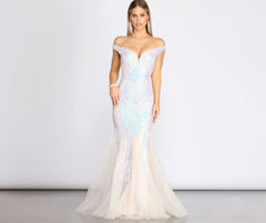 Andrina Iridescent Sequin & Tulle Off Shoulder Mermaid Dresses
