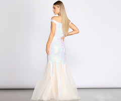 Andrina Iridescent Sequin & Tulle Off Shoulder Mermaid Dresses