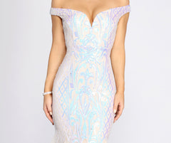 Andrina Iridescent Sequin & Tulle Off Shoulder Mermaid Dresses
