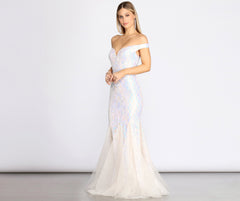 Andrina Iridescent Sequin & Tulle Off Shoulder Mermaid Dresses