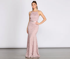 Vestidos de sirena con cinturón de cinta de diamantes de imitación y encaje festoneado de Rosella