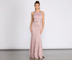 Vestidos de sirena con cinturón de cinta de diamantes de imitación y encaje festoneado de Rosella