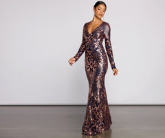 Ayla Formal Long Sleeve Sequin Scroll Dresses