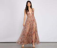 Abendkleid aus plissiertem Tüll mit Gänseblümchen-Print