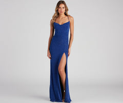 Vestidos formales Alondra con cuello vuelto y brillo metálico