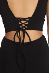 Vestidos formales de dos piezas con diseño enrejado de Roxanna